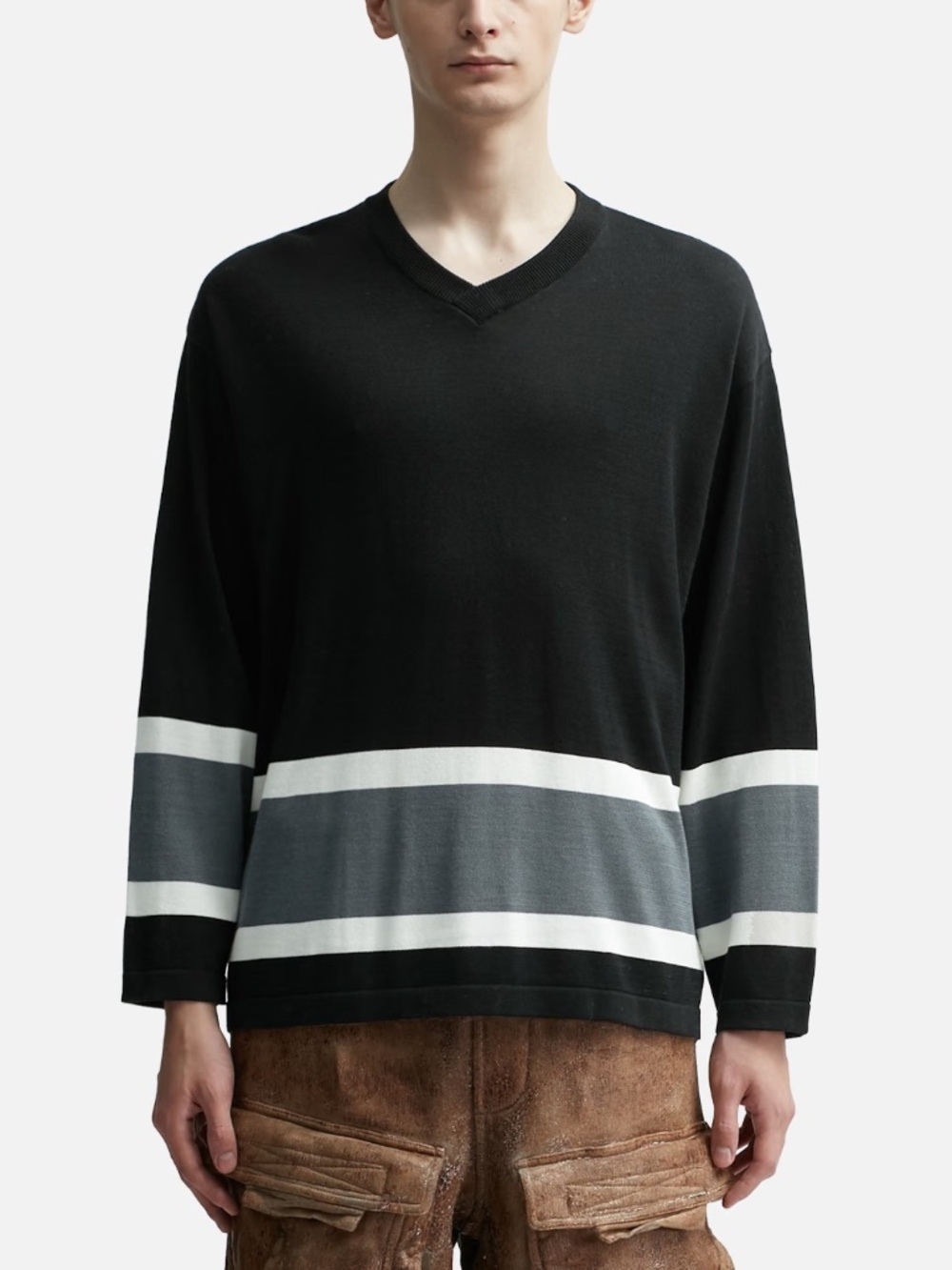 Stussy Hockey Sweater Black White Grey V-Neck Knit Striped Mens Sz M Streetwear
